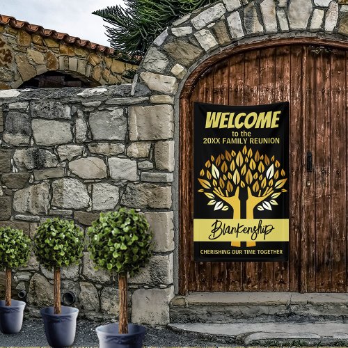 Family Reunion Hands Tree Leaves on Black Custom  Banner