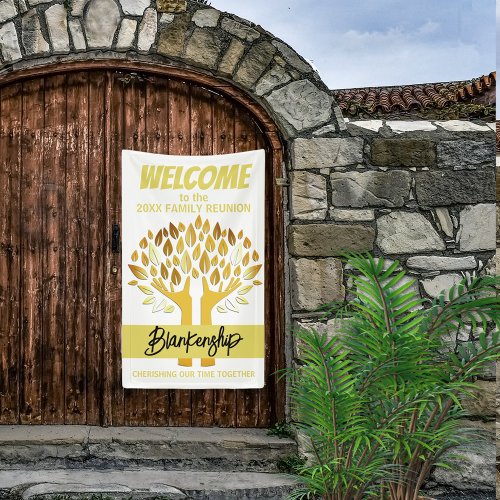 Family Reunion Hands Tree Leaves on White Custom  Banner