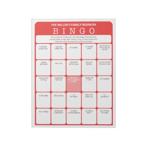 Family Reunion Ice Breaker Bingo Game Notepad