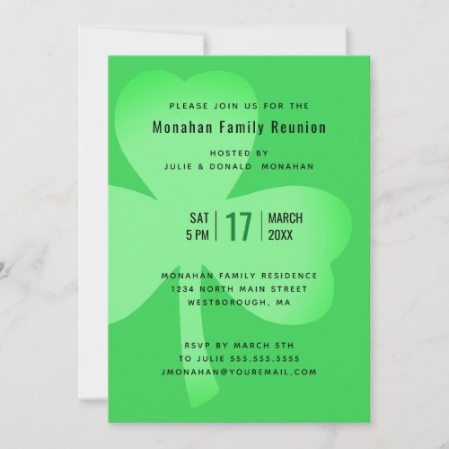 Family Reunion Irish Green Shamrock Minimalist Invitation