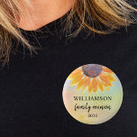 Family Reunion Keepsake  Button<br><div class="desc">This sunflower family reunion button makes a lovely souvenir for your family get-together. It is decorated with a watercolor sunflower on a colorful background. Easily customizable. Use the Customize Further option to change the text size, style, or color. Because we create our own artwork you won't find this exact image...</div>