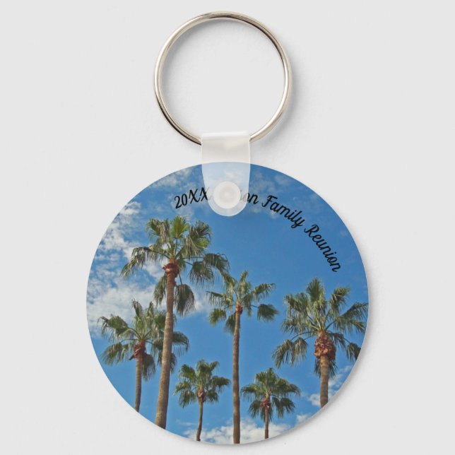 Family Reunion Keepsake Palm Trees and Blue Sky Keychain (Front)