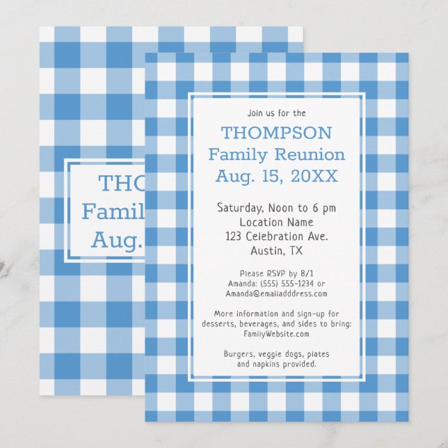 Family Reunion Light Blue Buffalo Check Party Invitation (Front/Back)