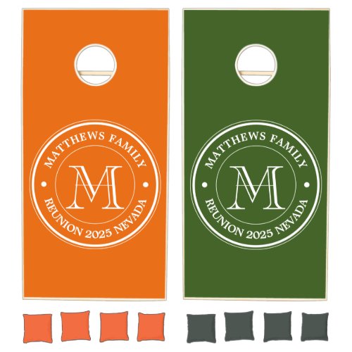 Family Reunion Logo Add Your Slogan Orange Green Cornhole Set