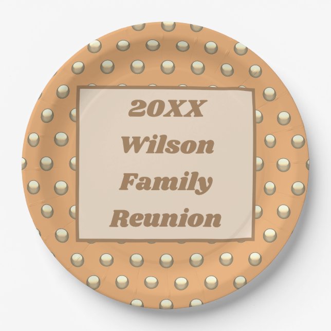 Family Reunion Meal Picnic Gold Peach Polka Dots Paper Plates (Front)