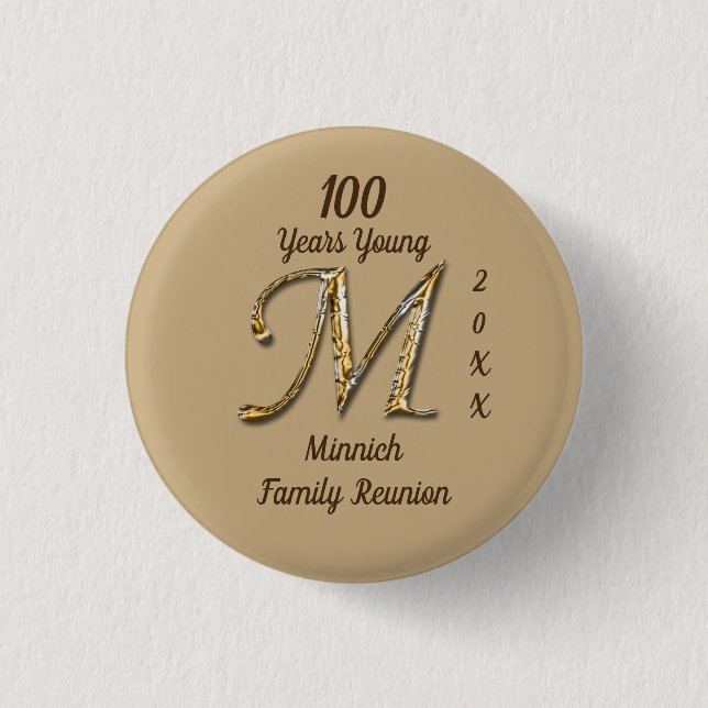 Family Reunion Milestone Age Letter M Monogram Button (Front)