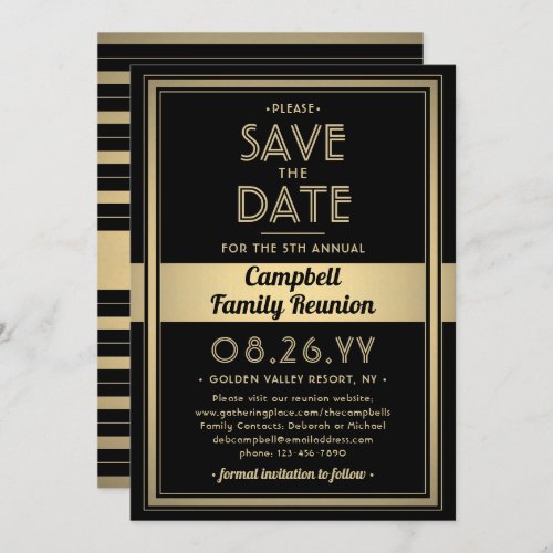 Family Reunion Modern Elegant Black and Gold Party Save The Date
