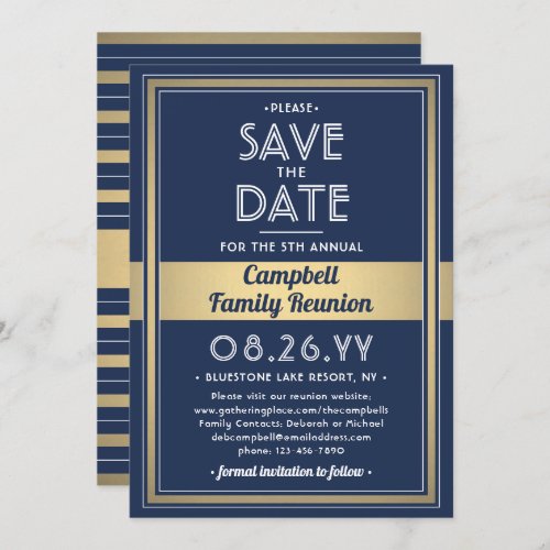 Family Reunion Modern Elegant Navy Blue Gold White Save The Date