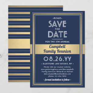 Family Reunion Modern Elegant Navy Blue Gold White Save The Date