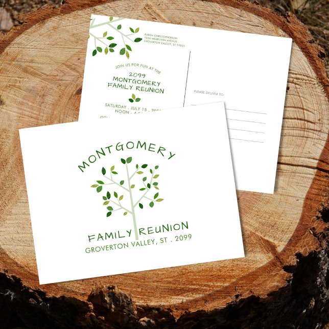 Family Reunion Modern Minimalist Green Tree Invitation Postcard (Creator Uploaded)