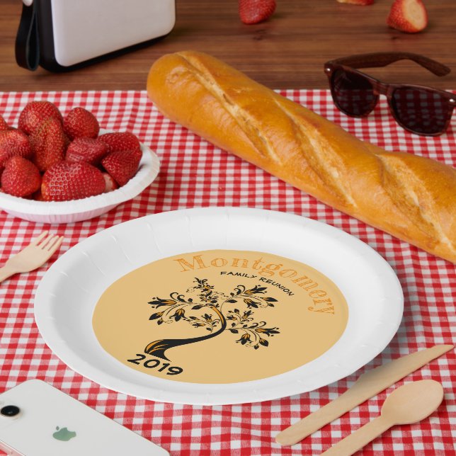 Family Reunion Modern Orange and Black Floral Tree Paper Plates (Picnic)