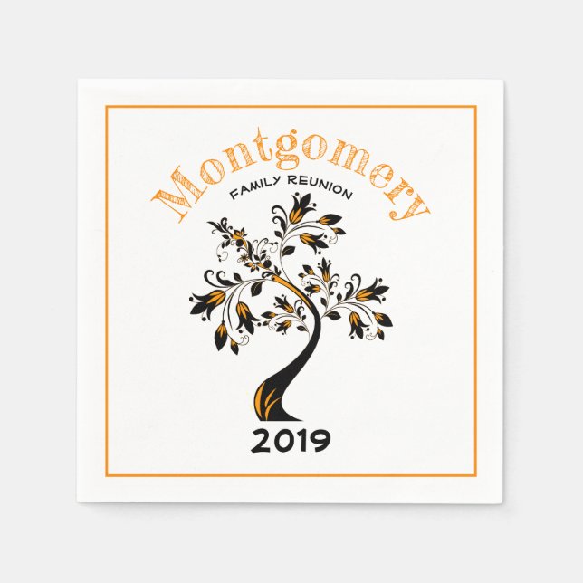 Family Reunion Modern Orange Flowering Black Tree Napkins (Front)