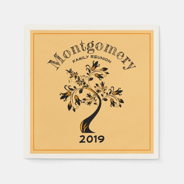 Family Reunion Modern Orange Flowering Black Tree Napkins (Front)