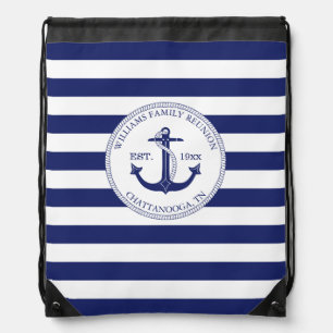 Family Reunion Monogram Blue Nautical Anchor Drawstring Bag