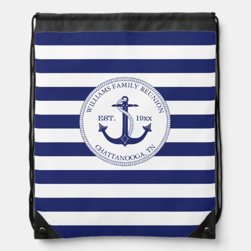 Family Reunion Monogram Blue Nautical Anchor Drawstring Bag