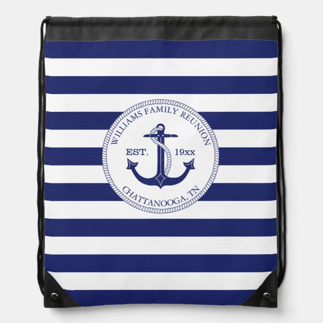 Family Reunion Monogram Blue Nautical Anchor Drawstring Bag (Front)