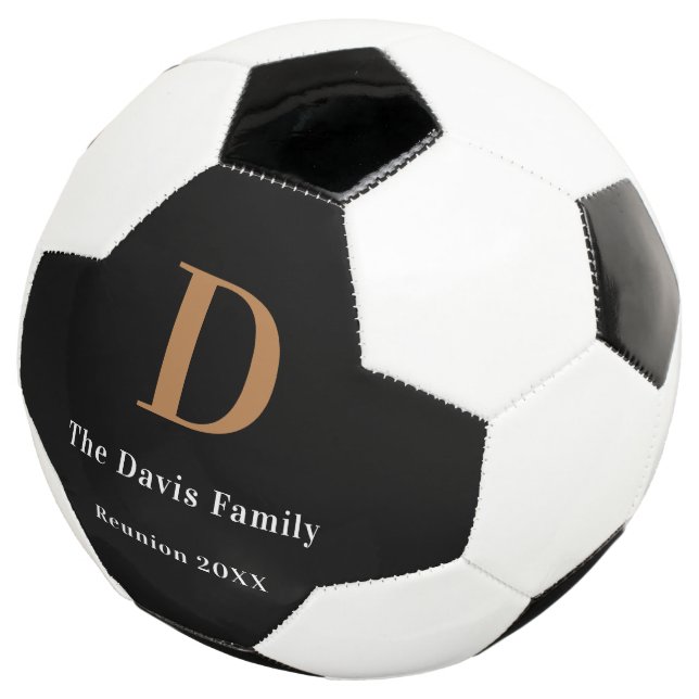 Family reunion monogram name black gold  soccer ball (Three Quarter)