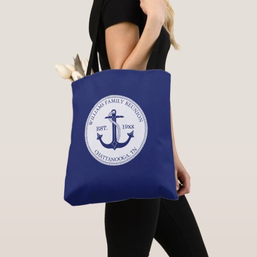 Family Reunion Monogram Nautical Anchor Navy Blue Tote Bag