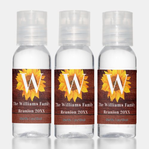 Family reunion monogram rustic wood sunflower hand sanitizer