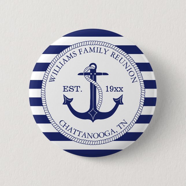 Family Reunion Monogrammed Name Nautical Anchor Button (Front)
