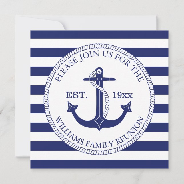 Family Reunion Nautical Anchor Blue Stripes Invitation (Front)