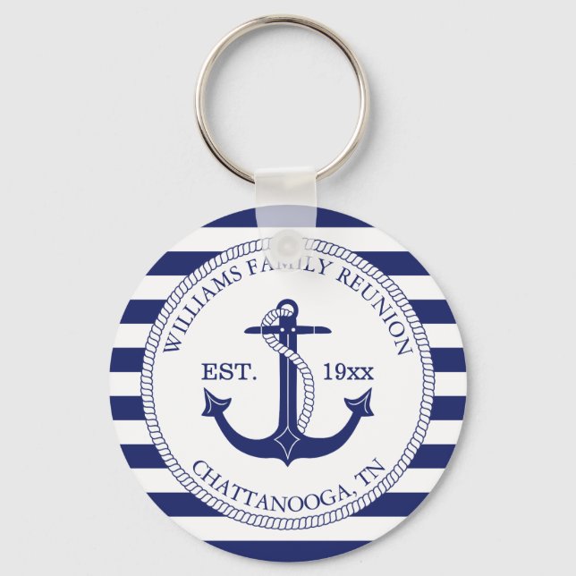 Family Reunion Nautical Anchor Monogram Striped Keychain (Front)