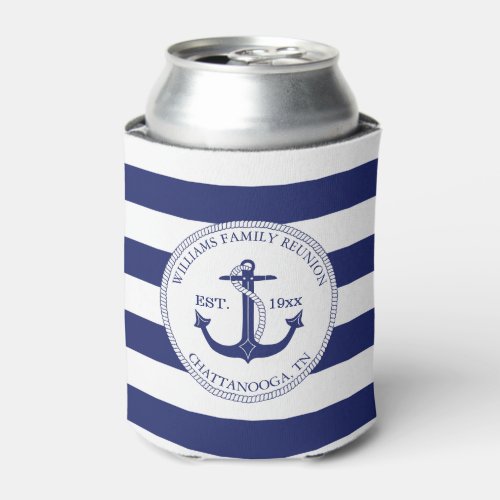 Family Reunion Nautical Blue Anchor Monogram  Can Cooler