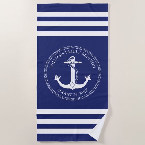 Family Reunion Nautical White Anchor Monogram Beach Towel