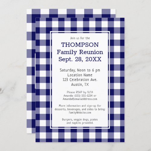 Family Reunion Navy Blue White Buffalo Check Party Invitation