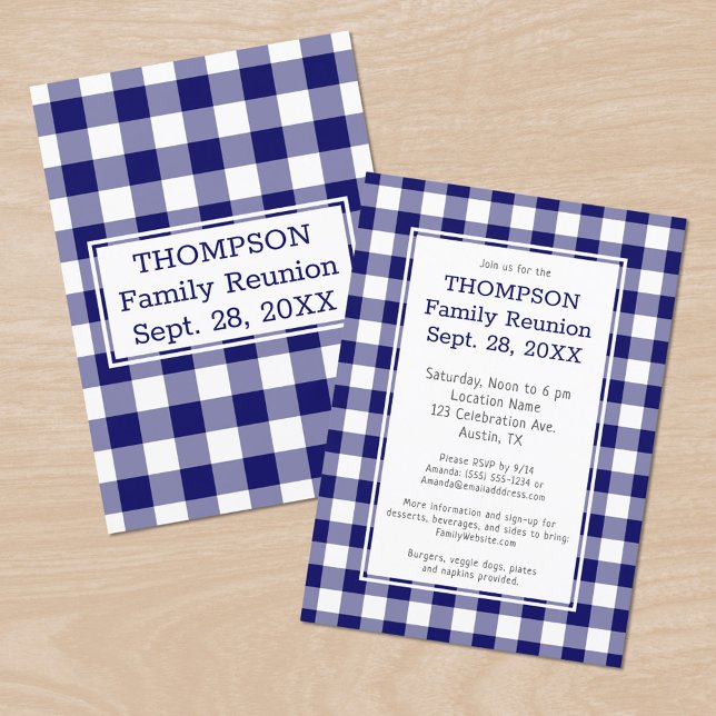 Family Reunion Navy Blue White Buffalo Check Party Invitation (Family Reunion Navy Blue White Buffalo Check Party Invitation in situ)
