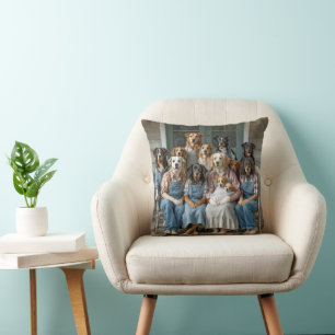 Family Reunion of Dogs On Farmhouse Porch Throw Pillow