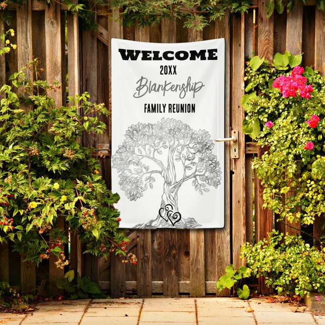 Family Reunion Old Gray Tree on Black Custom  Banner (Welcome family on a vertical format reunion banner with rustic gray tree on a white background.
)