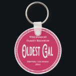 Family Reunion Oldest Gal Award Keychain<br><div class="desc">Fun and modern Oldest Gal award for the oldest female in attendance at your family reunion party. Award this at a family reunion awards ceremony. Monogram with family name,  location of reunion and date of event. Nice keepsake prize or memento of your fun event.</div>