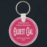 Family Reunion Oldest Gal Award Keychain<br><div class="desc">Fun and modern Oldest Gal award for the oldest female in attendance at your family reunion party. Award this at a family reunion awards ceremony. Monogram with family name,  location of reunion and date of event. Nice keepsake prize or memento of your fun event.</div>