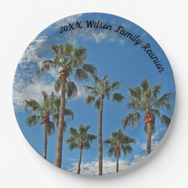 Family Reunion Palm Trees and Blue Sky Paradise Paper Plates (Front)