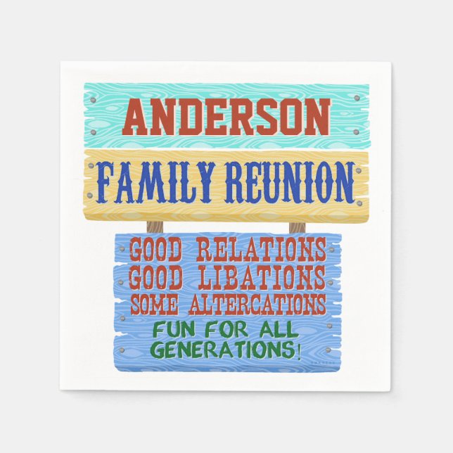 Family Reunion Party Funny Wooden Sign | Add Name Napkins (Front)