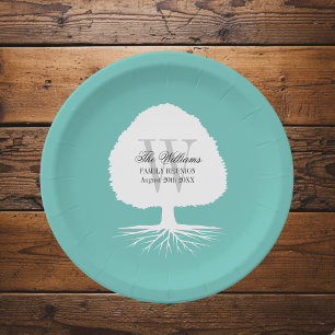 Family reunion party paper plates with monogram
