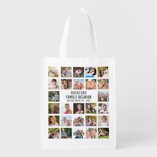 Family Reunion Photo Collage Rustic Name Grocery Bag (Front)