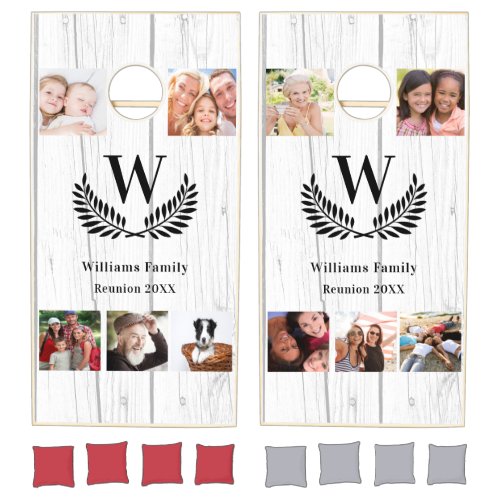 Family reunion photo collage rustic white wood cornhole set