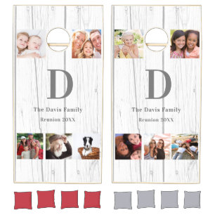 Family reunion photo collage rustic white wood cornhole set