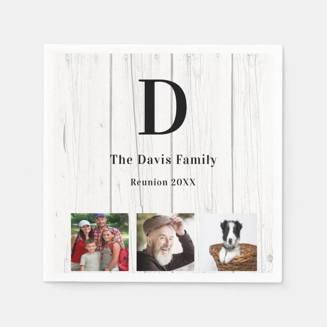 Family reunion photo monogram rustic wood  napkins (Front)