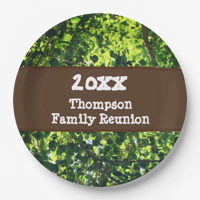 Family Reunion Picnic Green Tree Leaves Event Paper Plates (Front)