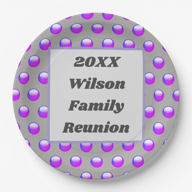 Family Reunion Picnic Purple Polka Dot Event Paper Plates (Front)