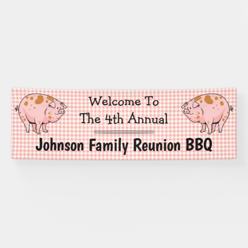 Family Reunion Pig BBQ Party Welcome Red Check Banner