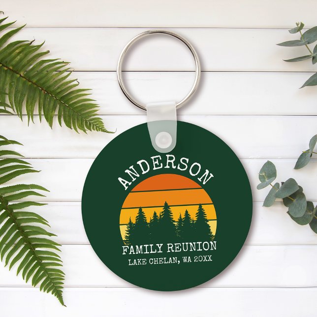 Family Reunion Pine Trees Sunset Green Keychain (Customize to change text size or text style.)