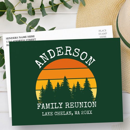 Family Reunion Pine Trees Sunset Green Postcard