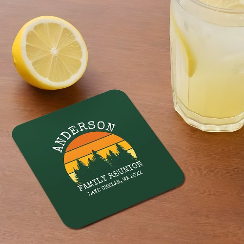 Family Reunion Pine Trees Sunset Green Square Paper Coaster