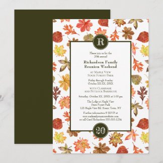 Family Reunion potluck BBQ autumn leaves monogram Invitation
