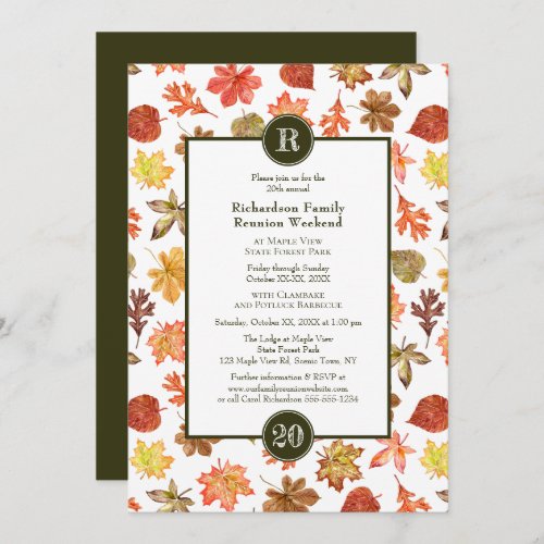 Family Reunion potluck BBQ autumn leaves monogram Invitation