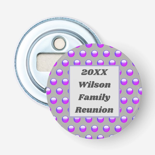 Family Reunion Purple Polka Dot Gathering Keepsake Bottle Opener (Front)